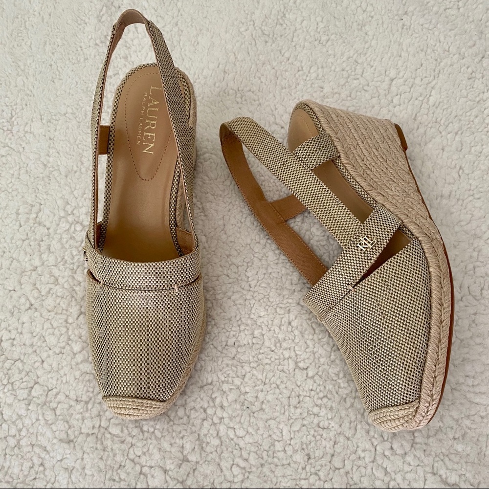 Ralph Lauren Beige Woven Espadrille Wedge Slingback NWOT NO BOX